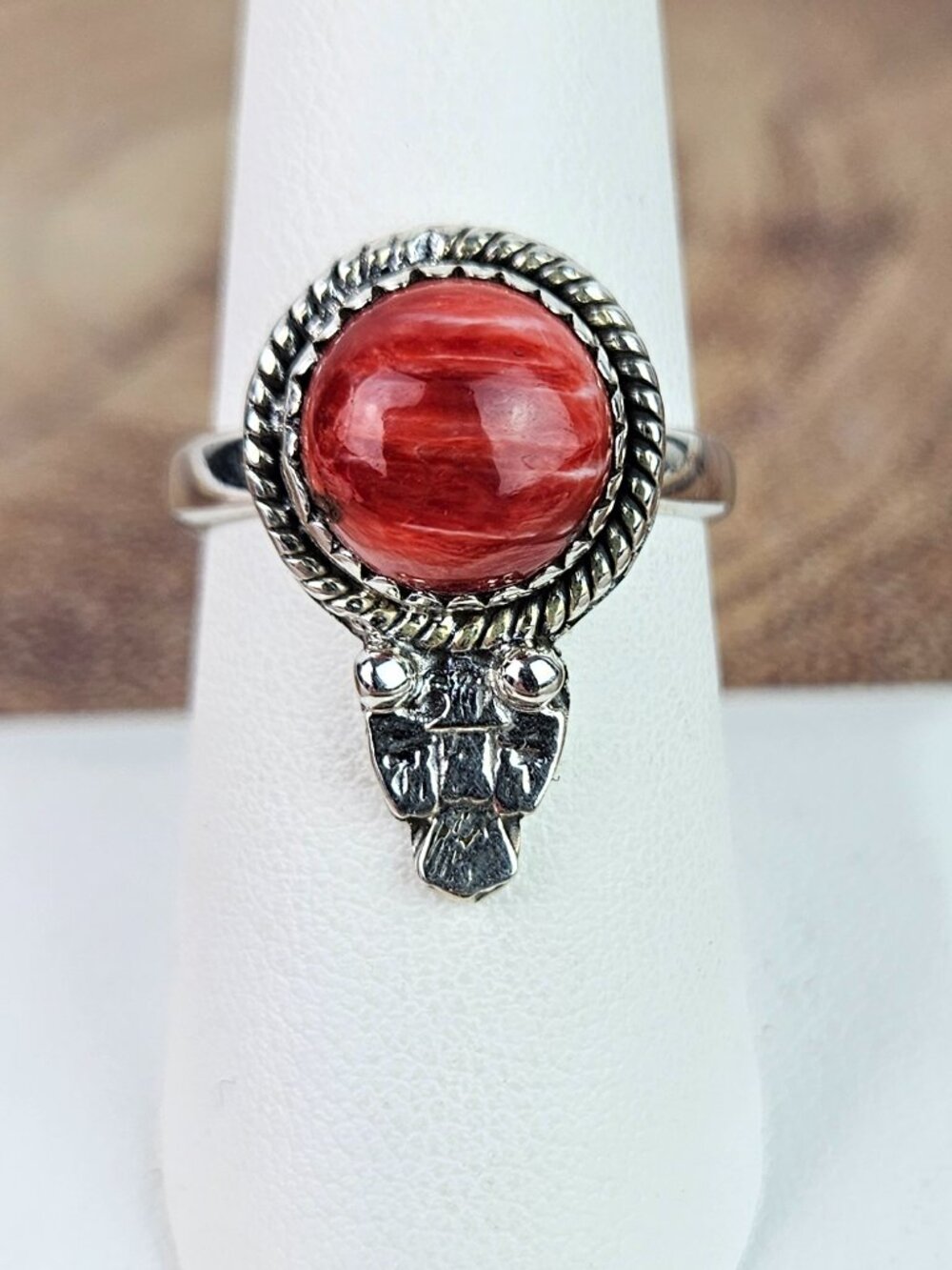Sterling Silver Round Red Spiny Oyster Thunderbird Ring 5-9 Adjustable